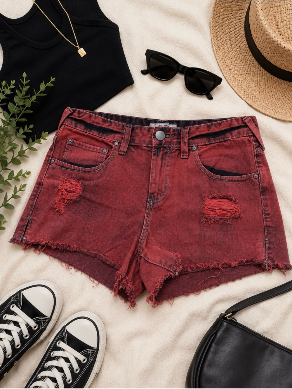 High-Rise Distressed Women's Denim Shorts - Red